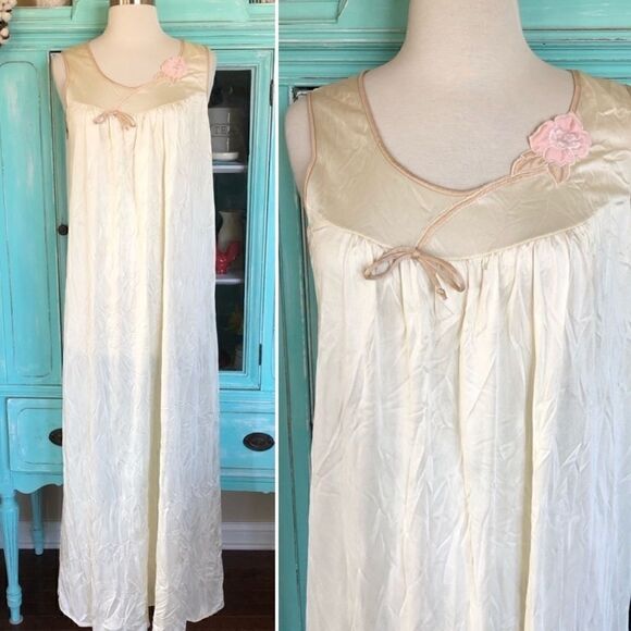 Vintage 70s 80s Nylon Nightgown Pajama Dress Beige - Picture 1 of 10